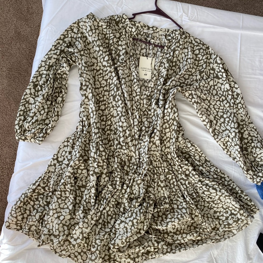 H&M hm Tiered Patterned Wide-cut V neck Tunic Mini Dress Cotton Cover Up XS NWT - Picture 9 of 16
